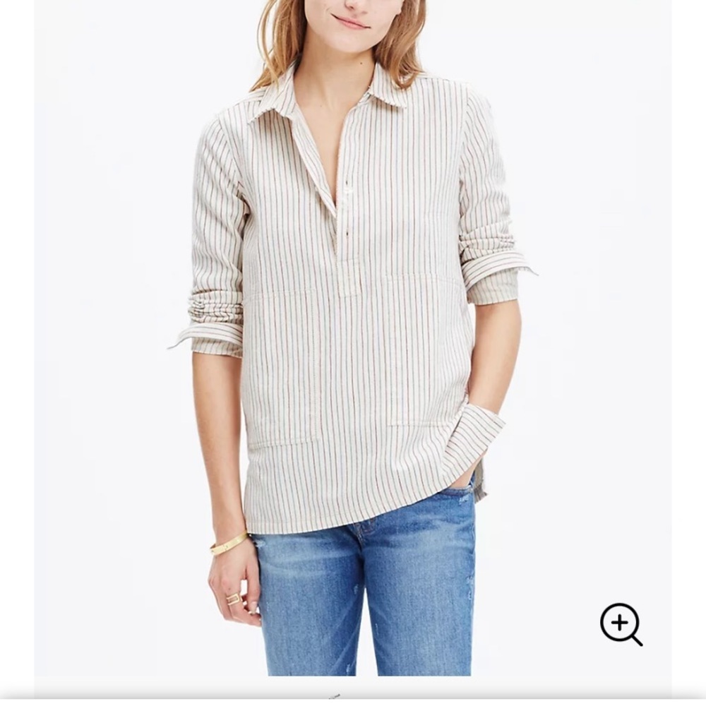 Madewell striped long sleeve popover cream color front pocket blouse size small.